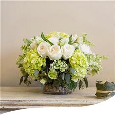 Table Arrangement White and Green Hydrangea and Rose