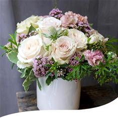 Table Arrangement with Cream Roses and Sweet Williams