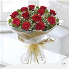 12 Red Rose With Gypsophila