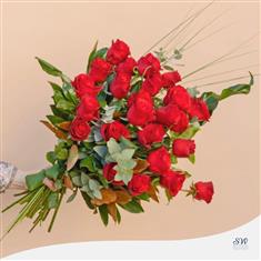 24 Red Rose With Foliage (Long Stems)