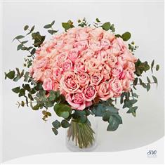 Luxury 50 Pink Rose Vase with Eucalyptus