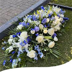 Bright Blue and White Coffin Spray