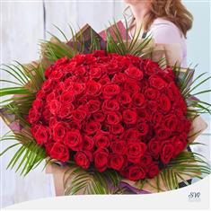 100 Hand-Tied Red Roses &amp; Foliage