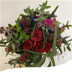 Red Rose, Skimmia and Veronica Bouquet