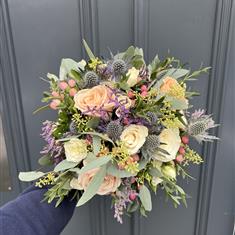 Peach, Blue and Cream Thistle Bouquet