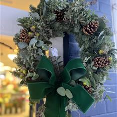 Mixed Green Door Wreath With Pine Cones