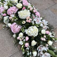 White Hydrangeas and Pink Roses Coffin spray